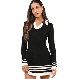 Lulu’s Stripe Things Up Cream and Black Mock Neck Sweater Dress M NWT Academia